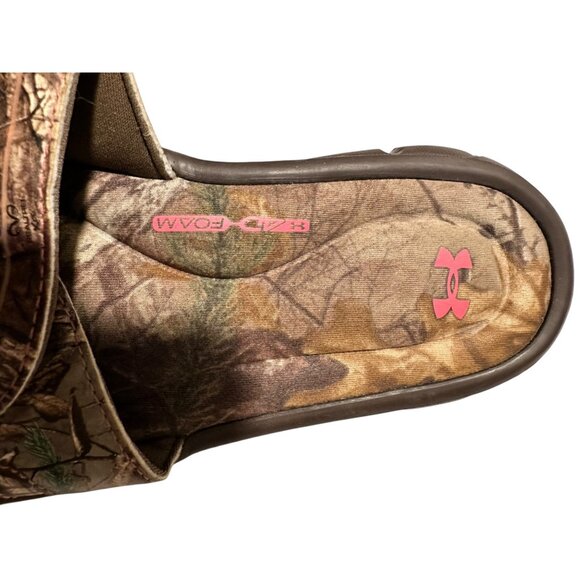 🍒 2/$20 🍒 Under Armour Youth Camo Slides Size 5Y Brown & Pink Adjustable Strap - Picture 3 of 5